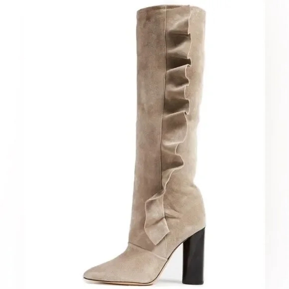 NIB IRO Cidravol Ruffle-Trim Suede Slouchy Knee-High Boots in Taupe $760 size 36 - Picture 6 of 14